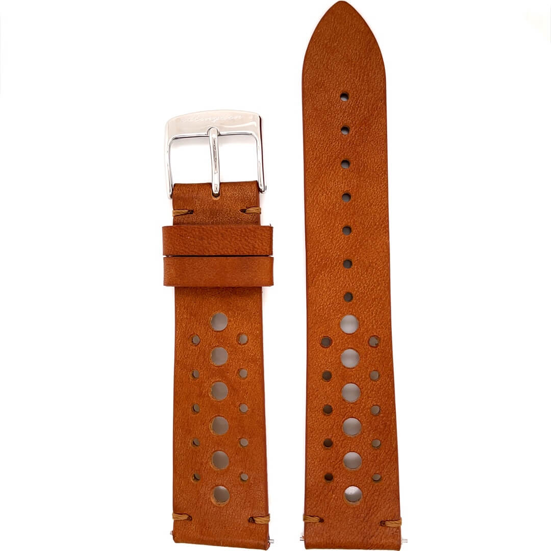 Abingdon Co. image displays 20mm brown racing  Band with silver buckle with both sides separated in a  positioned right beside each other. A brown racing band with silver buckle both pieces side by side to view the front.