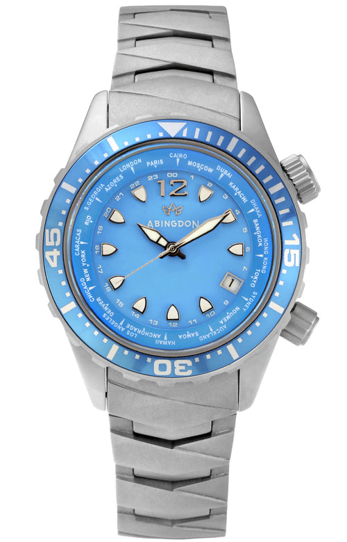 Front view of the Marina Dive Watch in Bahama Blue by Abingdon Co., aviation, dive, tactical watches for women