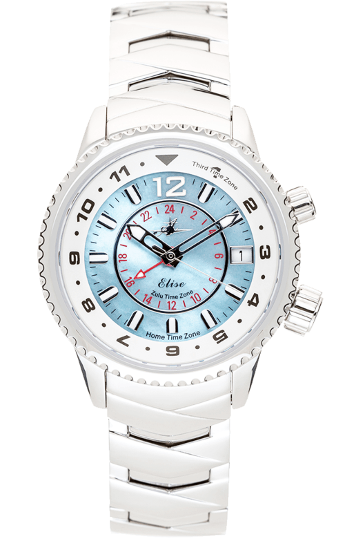 Abingdon Co. Elise three time zone lady's watch in North Star silver steel bracelet band with light blue pearl dial