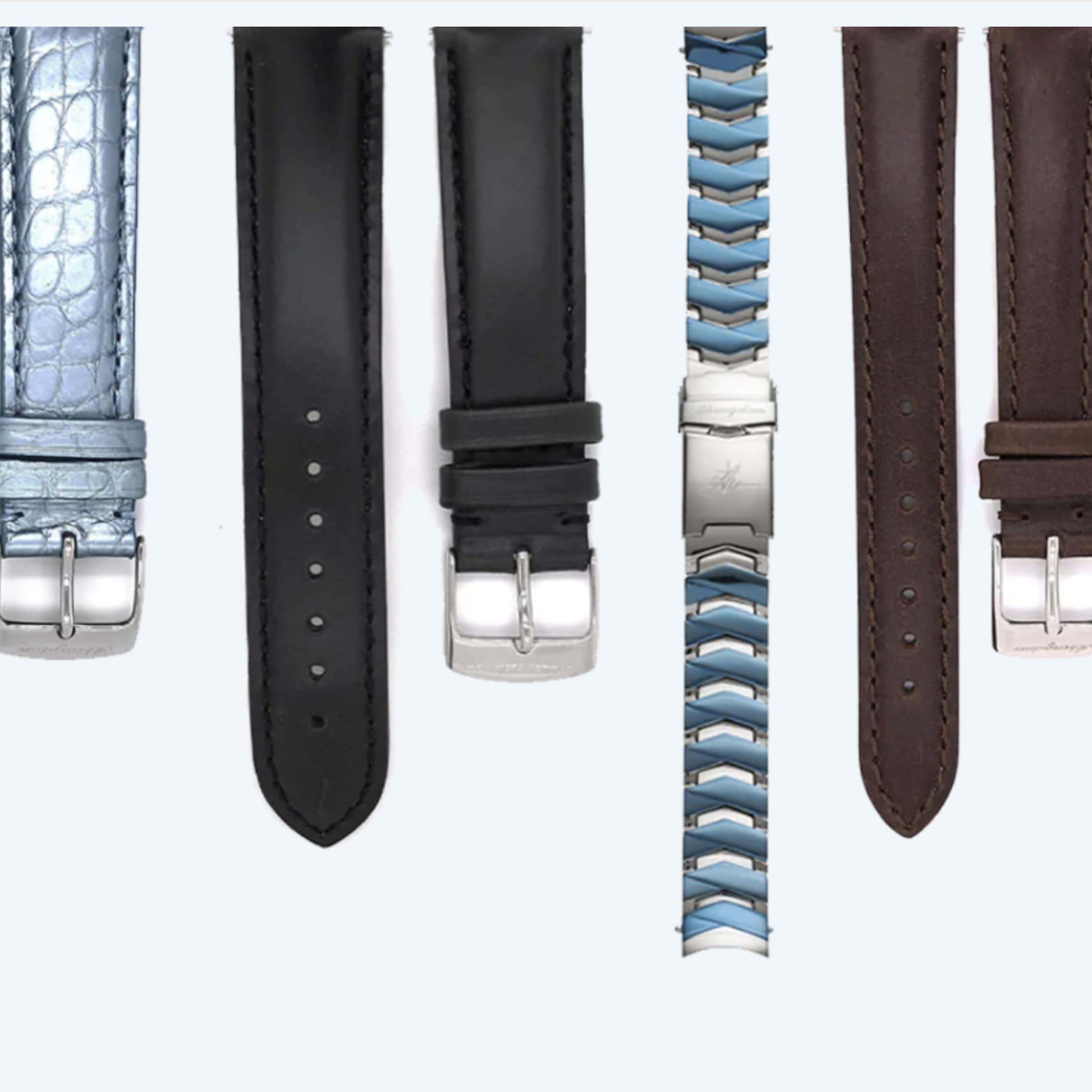 Abingdon Co. Image displays Variety of leather, silicone, metal, and alligator watch straps that can all be changed out easily with quick change release spring bars.