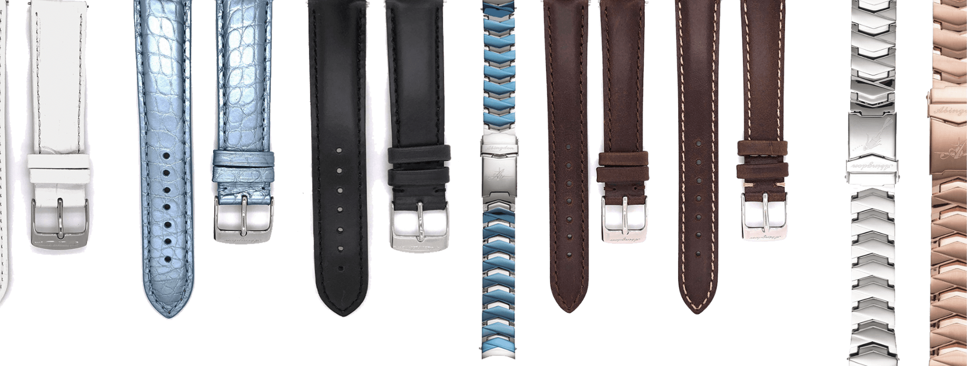 Variety of leather, silicone, metal, and alligator watch straps that can all be changed out easily with quick change release spring bars.