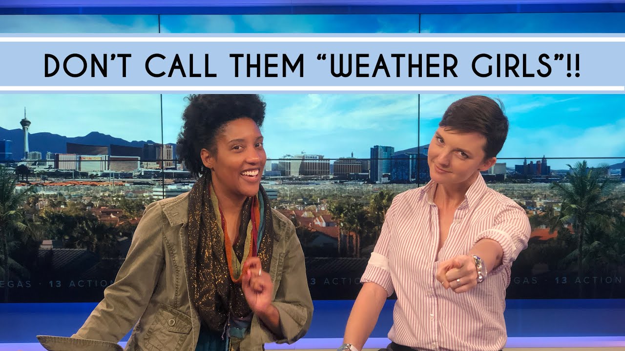 Abingdon Co. Image Displays Abingdon Mullen with meteorologist on the news  Two woman on the news with one woman pointing at the camera
