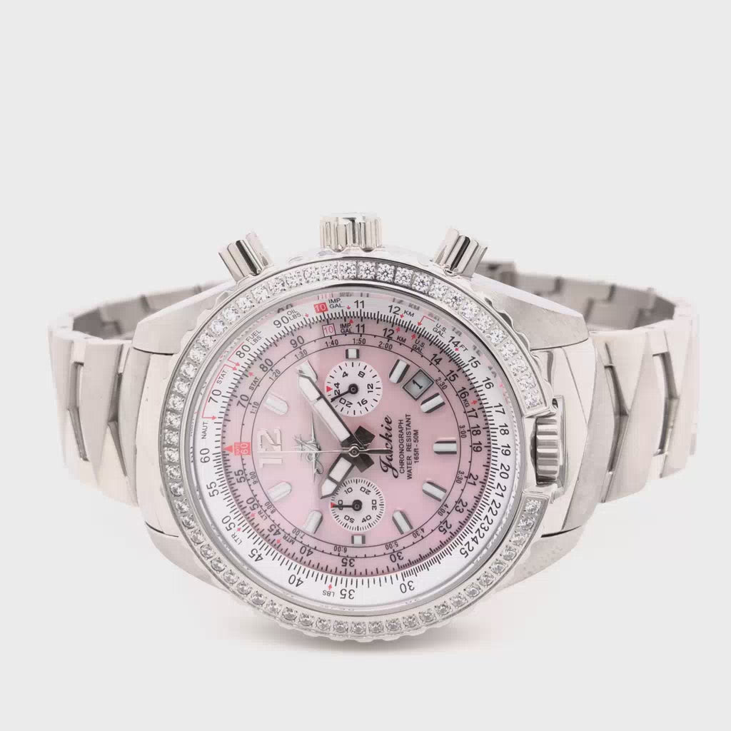 Abingdon Co. video image displaying Jackie Sunset Pink mother-of-pearl, sapphire crystal and Silver stainless steel case and crown with stainless steel band, downwards left side position video.. Silver steel case watch with Pink dial, silver-white hands and Silver steel band.watch band is clipped together and case is on its left downwards side position.