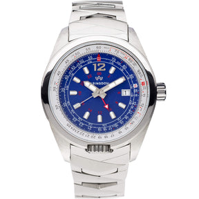 Abingdon Co. image displaying Bonneville Blue silver steel analog watch with steel strap front view. Blue dial with Red GMT and E6B flight computer. Sapphire crystal, Swiss movement. Limited Edition 18 pieces only