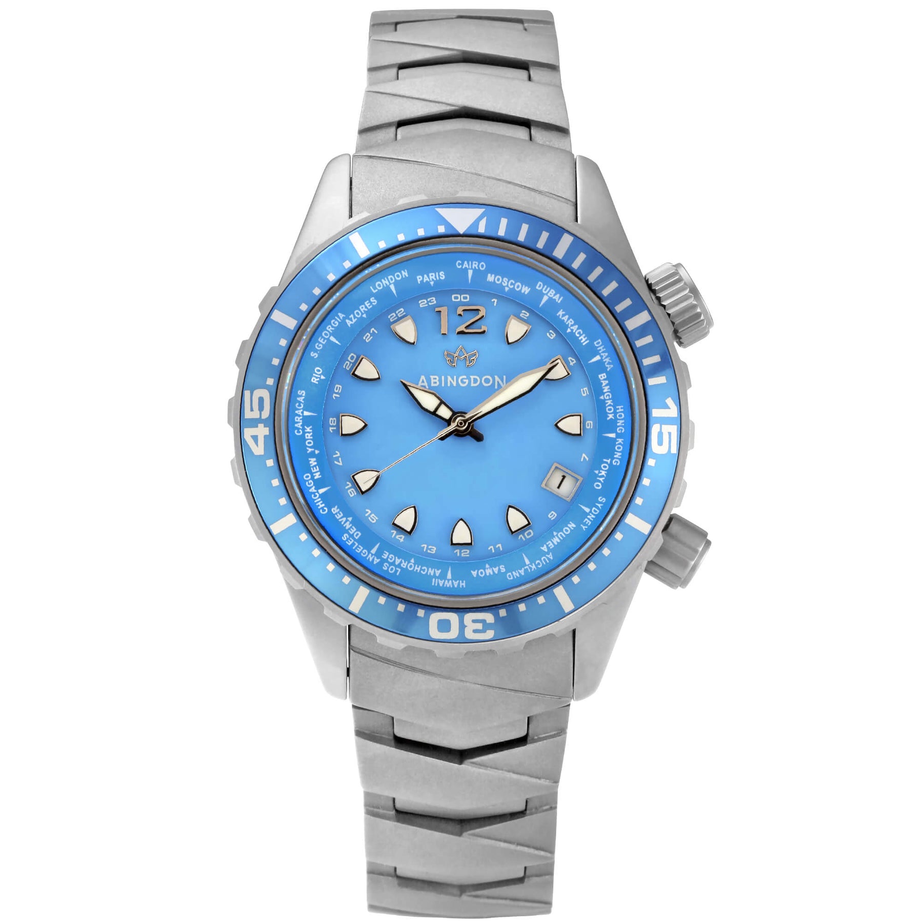 Front view of the Marina Dive Watch in Bahama Blue by Abingdon Co., aviation, dive, tactical watches for women