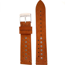 Abingdon Co. image displays 20mm brown racing  Band with silver buckle with both sides separated in a  positioned right beside each other. A brown racing band with silver buckle both pieces side by side to view the front.