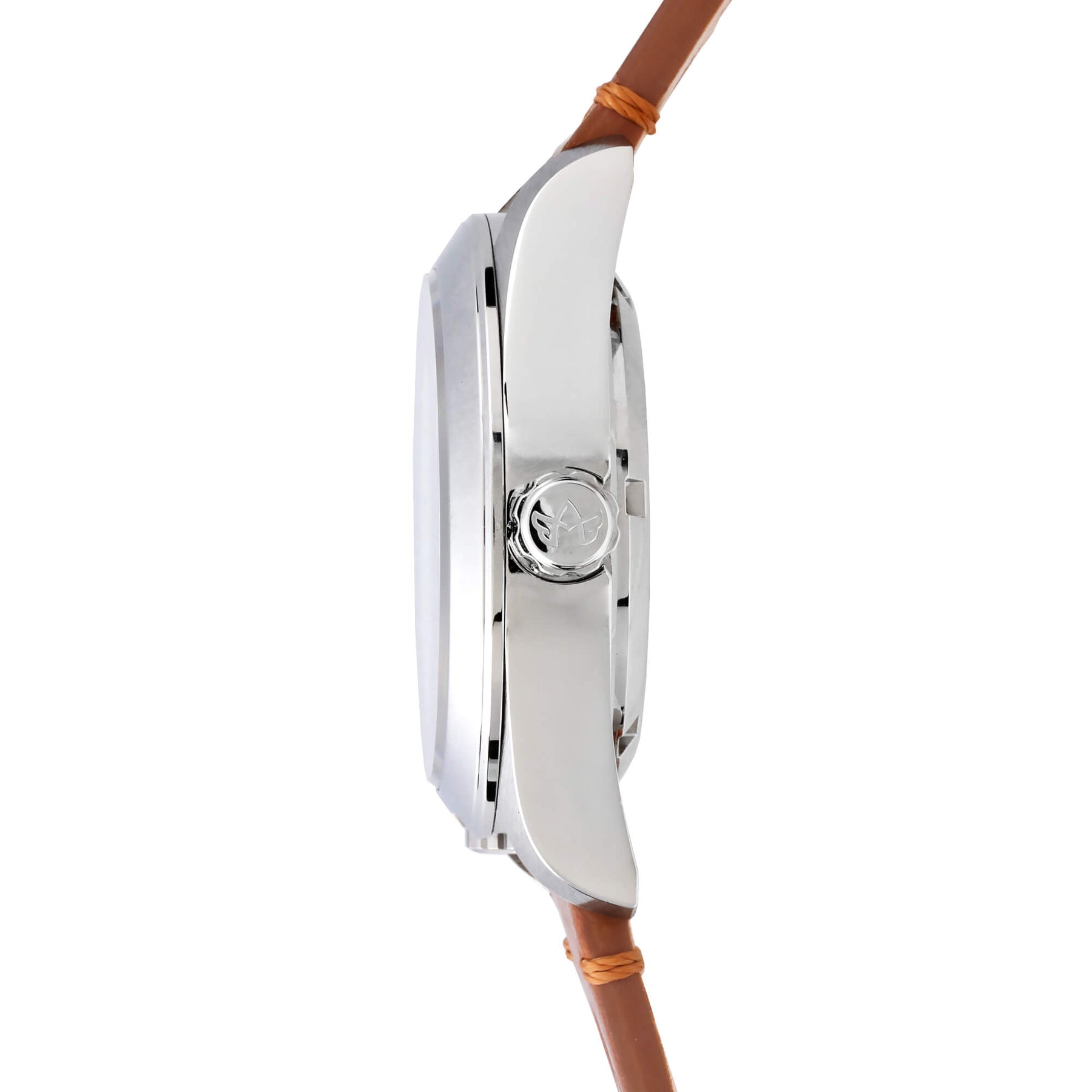 Abingdon Co. image displaying Bonneville Blue silver steel analog watch with brown leather strap side view. Blue dial with Red GMT and E6B flight computer. Sapphire crystal, Swiss movement. Limited Edition 18 pieces only