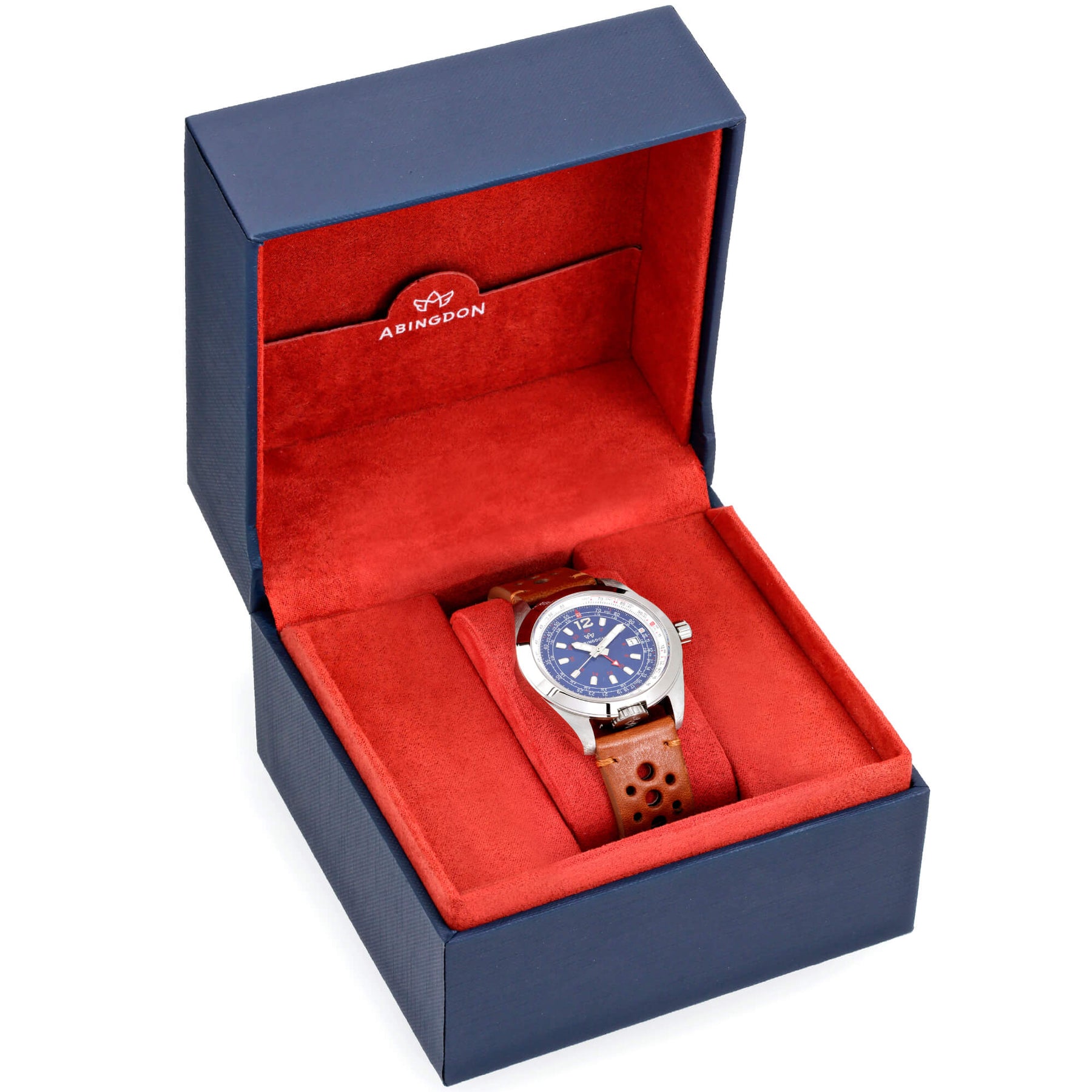 Abingdon Co. image displaying Bonneville Blue silver steel analog watch with brown leather strap in a blue box with red interior. Blue dial with Red GMT and E6B flight computer. Sapphire crystal, Swiss movement. Limited Edition 18 pieces only