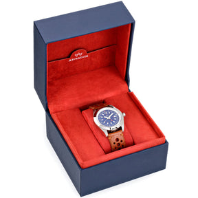 Abingdon Co. image displaying Bonneville Blue silver steel analog watch with brown leather strap in a blue box with red interior. Blue dial with Red GMT and E6B flight computer. Sapphire crystal, Swiss movement. Limited Edition 18 pieces only