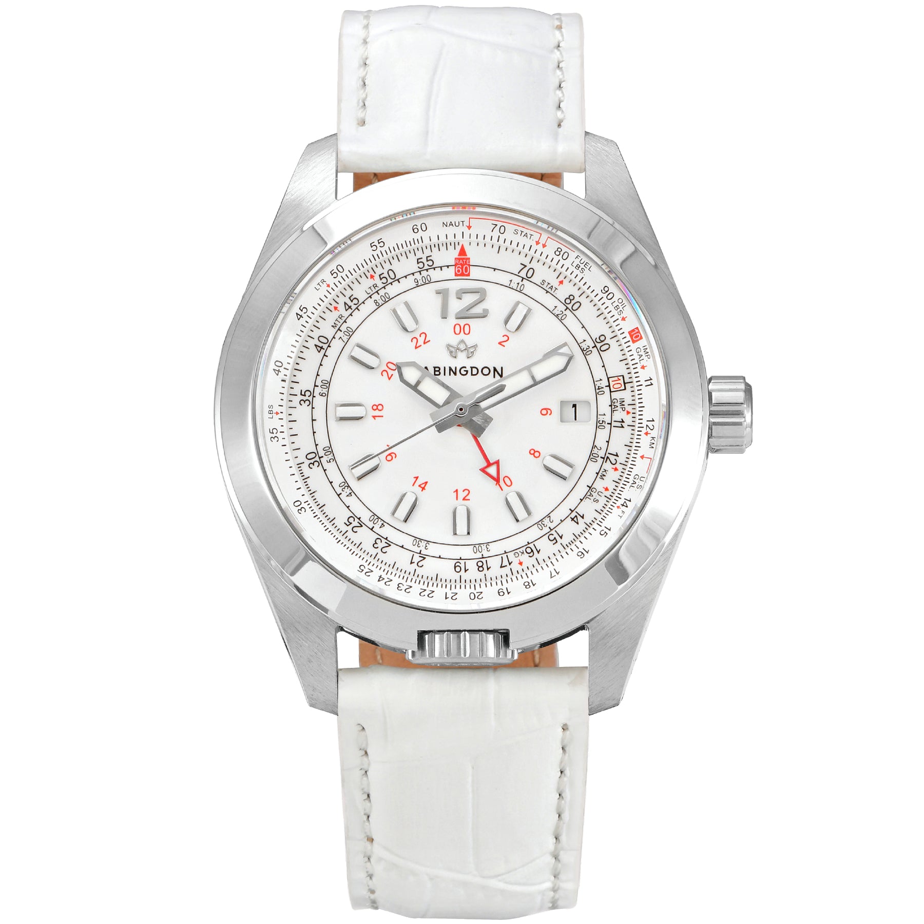 Abingdon Co. A image displaying Amelia Cloud White silver steel analog quartz gmt watch with silver strap front view. silver steel platted head watch that has a silver steel band and a white dial front view.