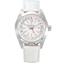 Abingdon Co. A image displaying Amelia Cloud White silver steel analog quartz gmt watch with silver strap front view. silver steel platted head watch that has a silver steel band and a white dial front view.