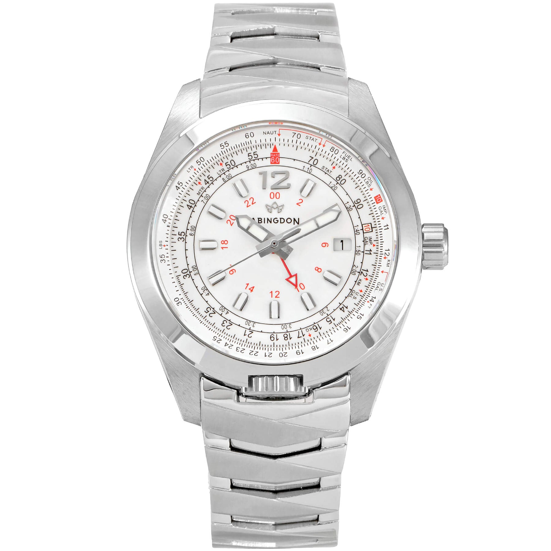 Abingdon Co. A image displaying Amelia Cloud White with a Stainless Steel Chevron Strap silver steel analog quartz gmt watch with silver strap front view. silver steel platted head watch that has a silver steel band and a white dial front view