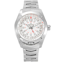 Abingdon Co. A image displaying Amelia Cloud White with a Stainless Steel Chevron Strap silver steel analog quartz gmt watch with silver strap front view. silver steel platted head watch that has a silver steel band and a white dial front view