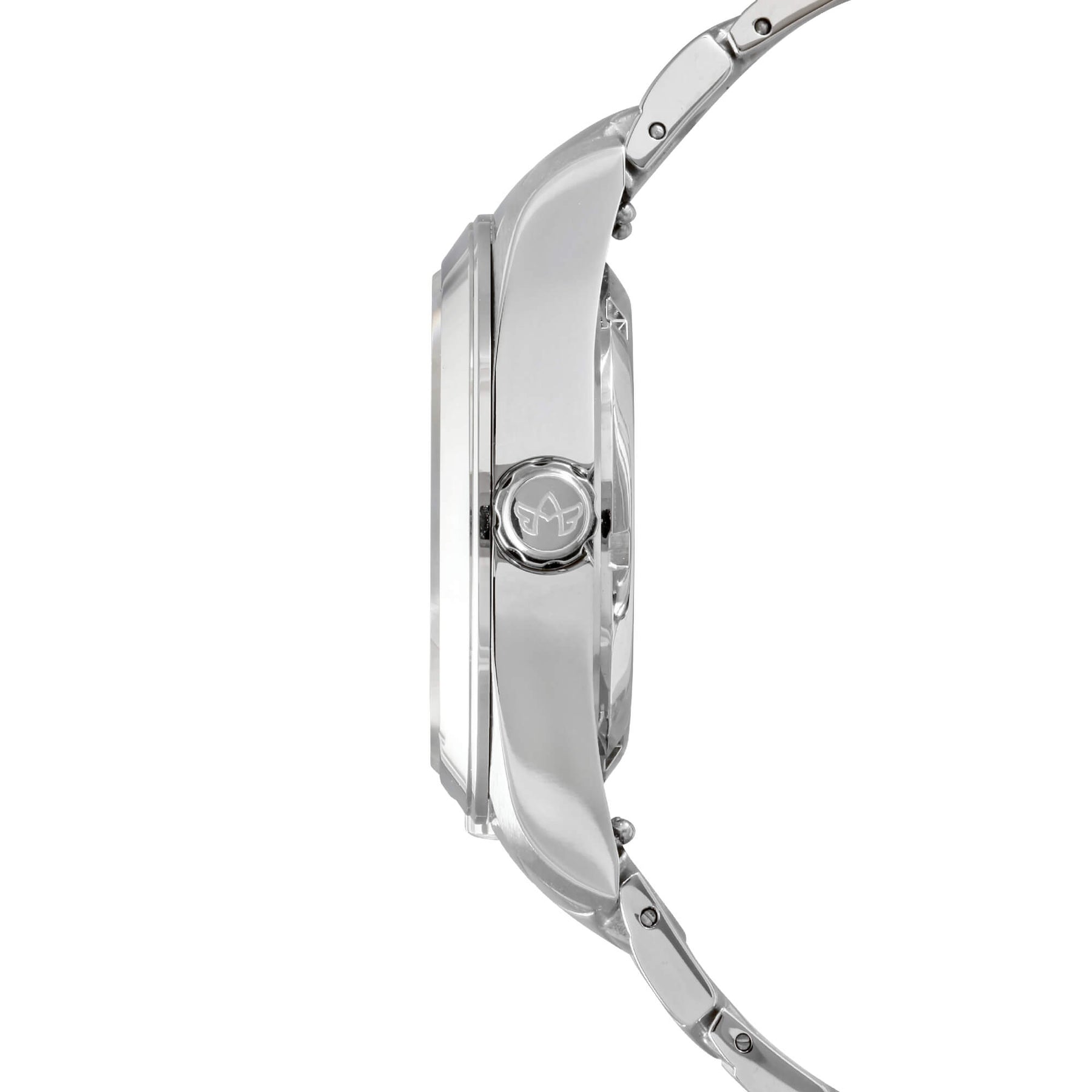 Abingdon Co. image displaying Amelia Cloud White with a Stainless Steel Chevron Strap silver steel analog quartz gmt watch with silver strap side view. silver steel platted head watch that has a silver steel band and a white dial side view