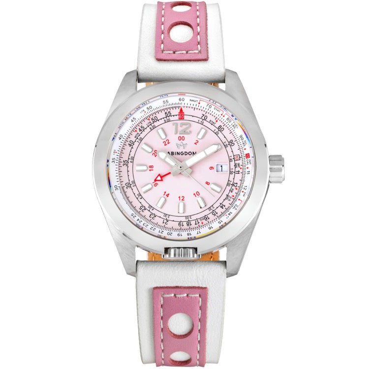 Abingdon Co. A image displaying Amelia Rosette silver steel analog quartz GMT watch with leather strap front view. silver steel platted head watch that has a pink and white leather band and a pink dial front view on a white background.