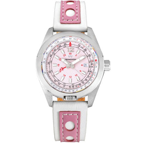 Abingdon Co. A image displaying Amelia Rosette silver steel analog quartz GMT watch with leather strap front view. silver steel platted head watch that has a pink and white leather band and a pink dial front view on a white background.
