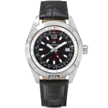 Abingdon Co. image displays Amelia Runway Black with a painted brass dial, sapphire crystal and a silver stainless steel case and crown with a genuine black leather strap. watch is in an upward front view photo. Silver steel case and crown watch with black dial and silver and white hands with a smaller hand being red as well as black genuine leather strap. watch band is clipped together and case is in an upward position.