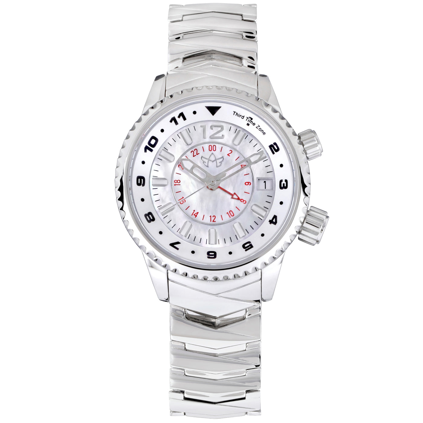 Abingdon Co. image displaying Elise Athenian Silver steel mother of pearl analog Swiss GMT quartz watch with silver strap front view. Silver steel plated head watch that has a silver steel band and a white pearl dial front image