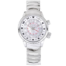 Abingdon Co. image displaying Elise Athenian Silver steel mother of pearl analog Swiss GMT quartz watch with silver strap front view. Silver steel plated head watch that has a silver steel band and a white pearl dial front image
