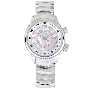 Abingdon Co. image displaying Elise Athenian Silver steel mother of pearl analog Swiss GMT quartz watch with silver strap front view. Silver steel plated head watch that has a silver steel band and a white pearl dial front image