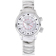 Abingdon Co. image displaying Elise Athenian Silver steel mother of pearl analog Swiss GMT quartz watch with silver strap front view. Silver steel plated head watch that has a silver steel band and a white pearl dial front image