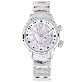 Abingdon Co. image displaying Elise Athenian Silver steel mother of pearl analog Swiss GMT quartz watch with silver strap front view. Silver steel plated head watch that has a silver steel band and a white pearl dial front image