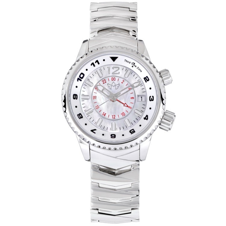 Abingdon Co. image displaying Elise Athenian Silver steel mother of pearl analog Swiss GMT quartz watch with silver strap front view. Silver steel plated head watch that has a silver steel band and a white pearl dial front image