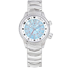 Abingdon Co. image displaying Elise North Star steel mother of pearl analog Swiss GMT quartz watch with silver strap front view. Silver steel plated head watch that has a silver steel band and a blue pearl dial front image