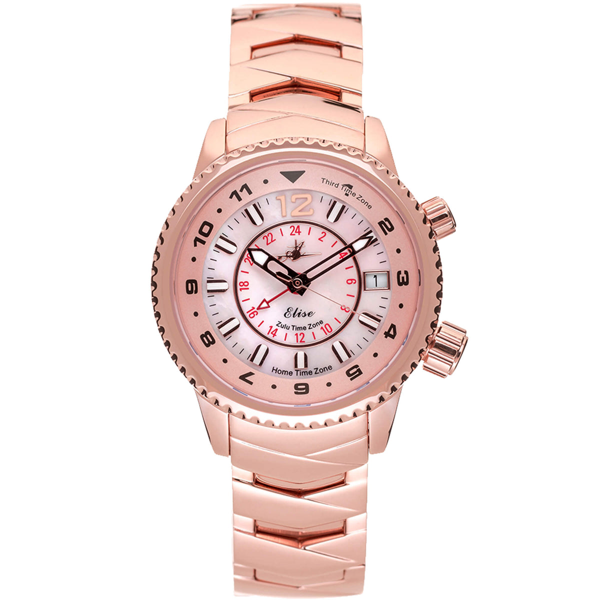 Abingdon Co. A image displaying  Elise Rosy mother of pearl watch with 24k rose gold steel strap front view. 24k rose gold plated steel watch that has a 24k rose gold plated steel band and a pink dial front image