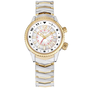 Abingdon Co. image displaying Elise Tahitian Two-Tone steel mother of pearl analog Swiss GMT quartz watch with 24k two-tone gold plated steel strap front view. 24k two tone steel plated head watch that has a two tone gold steel plated steel band front image with two gold buttons