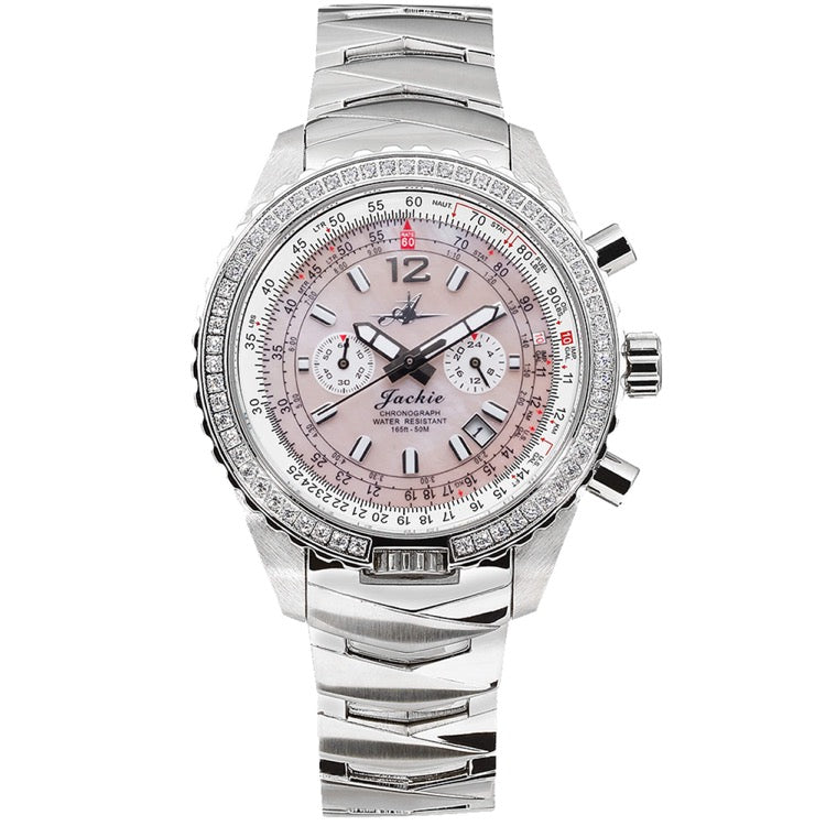 Abingdon Co. A image displaying Jackie Sunset Pink silver steel analog quartz watch with silver strap front view. silver steel platted head watch that has a silver steel band and a pink dial front view image