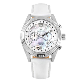 Abingdon Co. A image displaying  Katherine Pearl White mother of pearl watch with leather strap  front view. white watch that has a leather white band and a white dial .