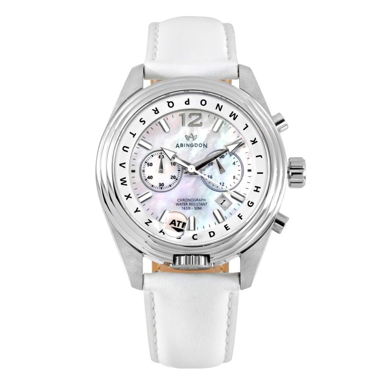 Abingdon Co. A image displaying  Katherine Pearl White mother of pearl watch with leather strap  front view. white steel analog chronograph watch that has a leather white band and a white MOP dial on a white background.