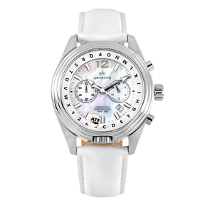 Abingdon Co. A image displaying  Katherine Pearl White mother of pearl watch with leather strap  front view. white steel analog chronograph watch that has a leather white band and a white MOP dial on a white background.