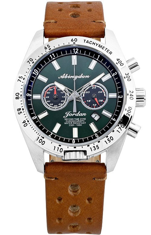 Abingdon Co. A image displaying Jordan British Racing Green with a painted sun ray dial, sapphire crystal and stainless steel case and crown watch with brown racing strap clipped in a  upwards front position. Silver steel plated case and crown watch that has a brown genuine racing leather band, dark green dial and silver white hand's a front view image of the watch.