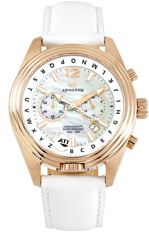 Abingdon Co. image displaying Katherine Rose Sun mother-of-pearl, sapphire crystal and 24k rose gold plated steel case and crown watch with a white genuine leather strap.