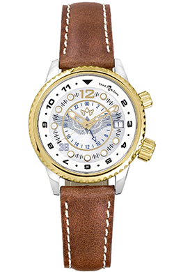 Abingdon Co. image displaying limited edition WASP analog watch with 24k gold and steel case and genuine leather strap. Three time zone watch with a sunray dial - front image