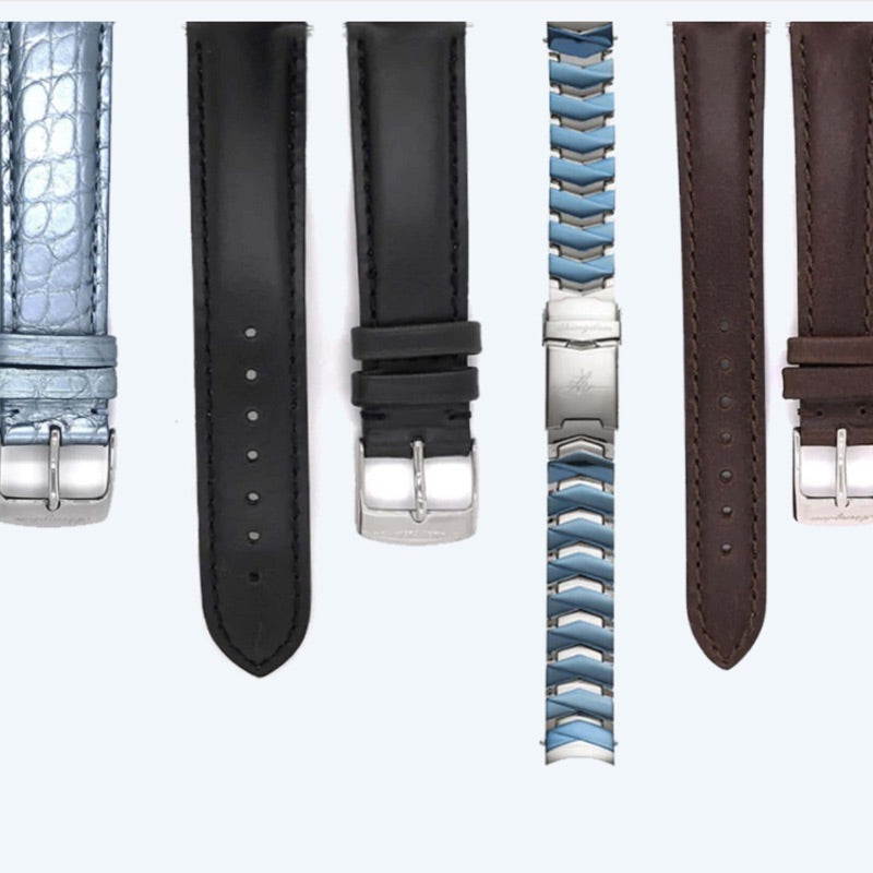 Variety of leather, silicone, metal, and alligator watch straps that can all be changed out easily with quick change release spring bars.