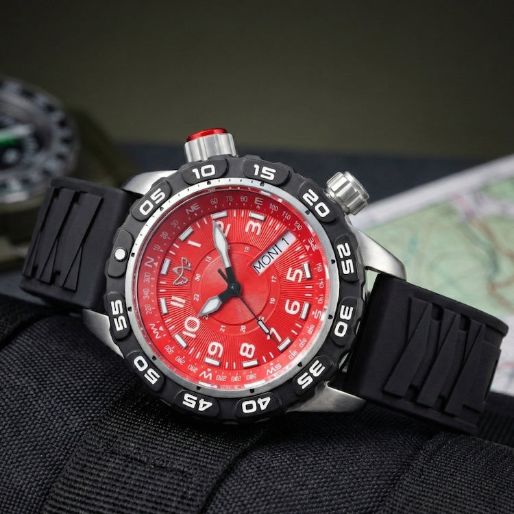 Abingdon Co Jane Wristwatch with red face and black strap on a textured surface
