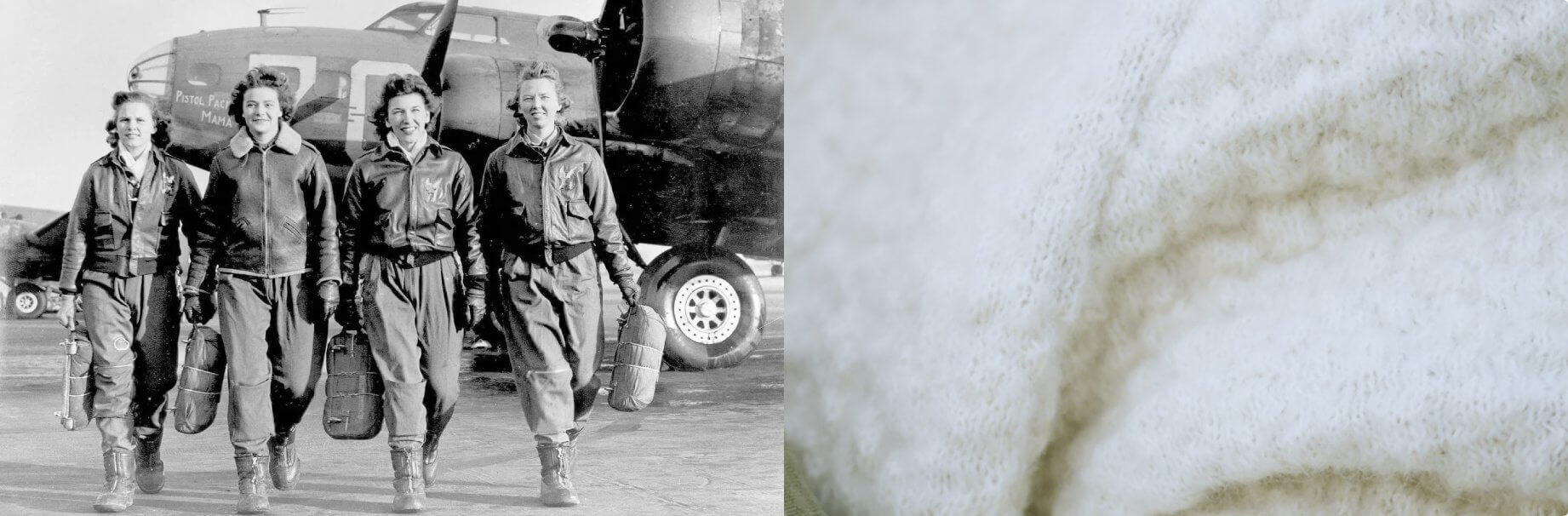 Black and white historical image of four women walking shoulder to shoulder towards the camera with a vintage airplane behind them. Each woman is smiling, wearing a leather bomber jacket, pants, and carrying a bag in their hands, possibly a parachute.