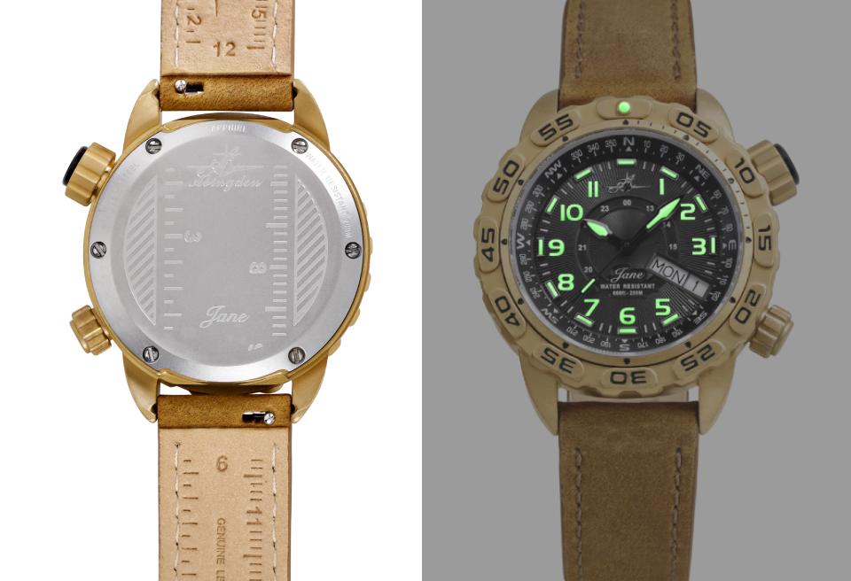 Abingdon Co. Image displays Two watch images side by side. One shows the back with its ruler markings and the other shows the front and the luminous markings on the hands and the hour markings. The watch is the Abingdon Jane tactical watch in the color Outlaw w/a brown leather band