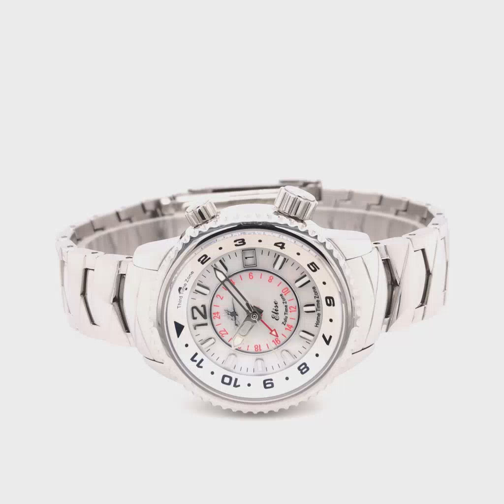 Abingdon Co. video image displaying Elise Athenian Silver mother-of-pearl dial, sapphire crystal and stainless silver steel case and crown watch downwards left side position video. a Silver steel watch with a white dial and silver-white colored hands. watch band is clipped together and case is on its left side downwards position.