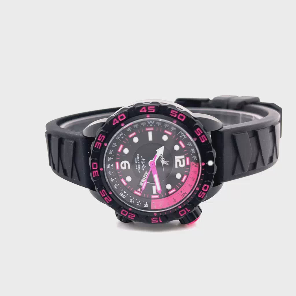 Abingdon Co. A video image displaying Nadia Abyss front view video. black head watch with black- pink dial and black silicone strap on its side.