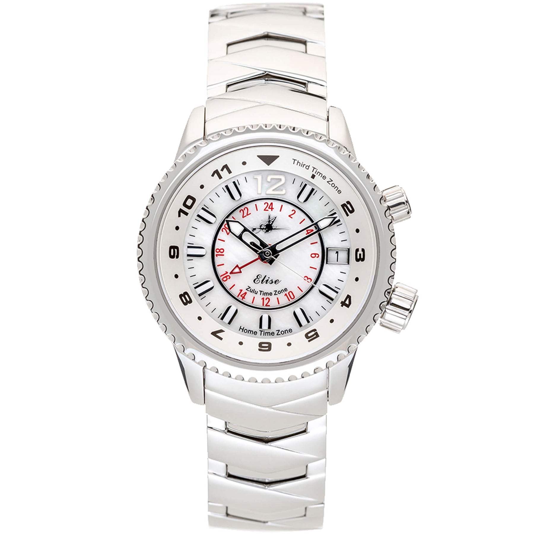 Abingdon Co. Elise Athenian Silver, a white aviation watch with three time zones