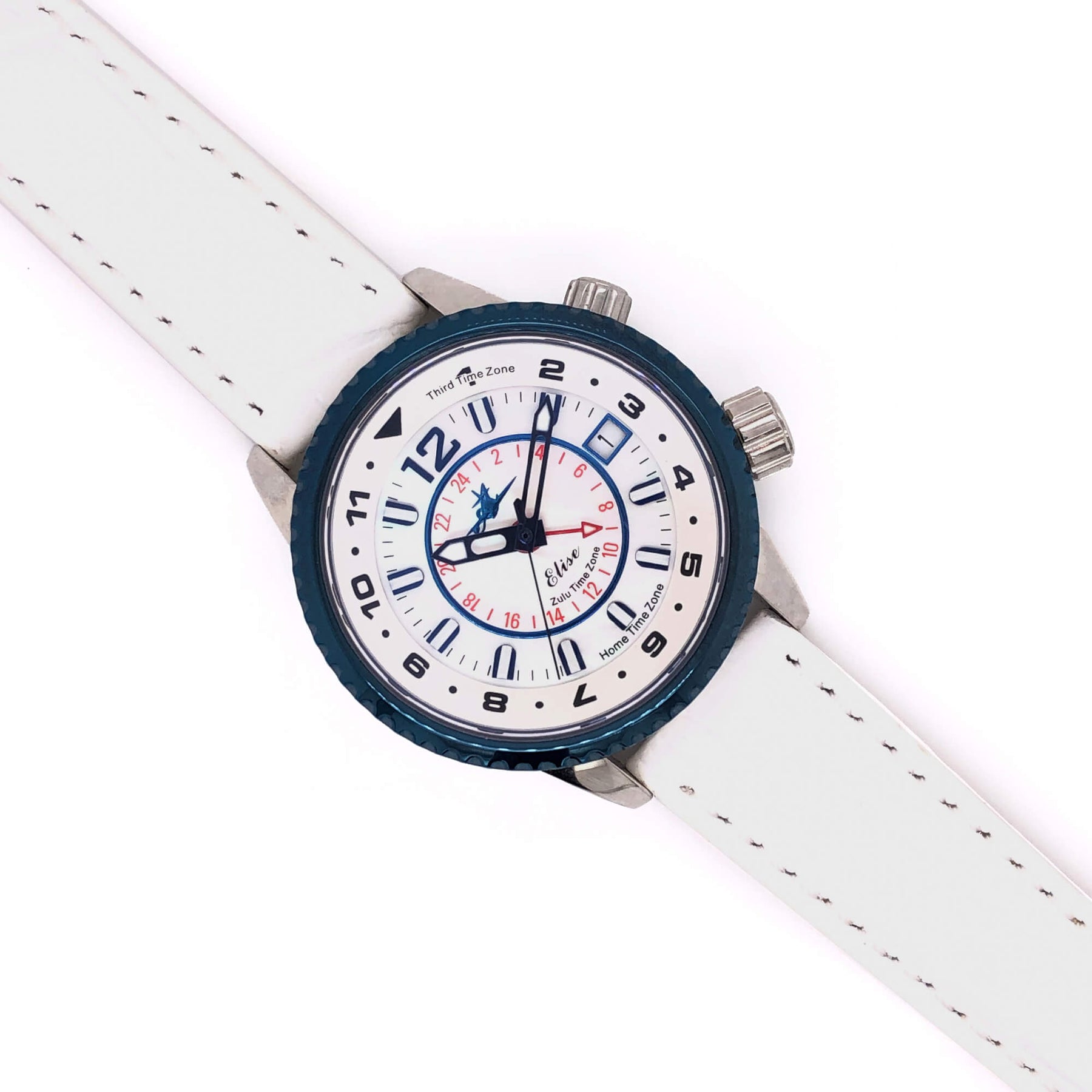 BAND - 16mm White Leather Band with Silver Buckle on a white dial watch - The Abingdon Co., aviation, dive, tactical watches for women